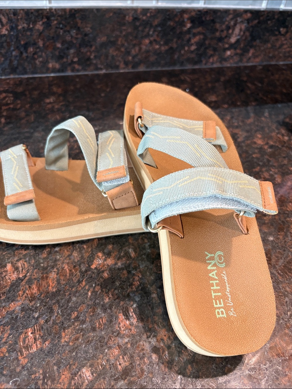 NWOT- Cobian- Bethany style, Tan Sandals with Light Blue Straps